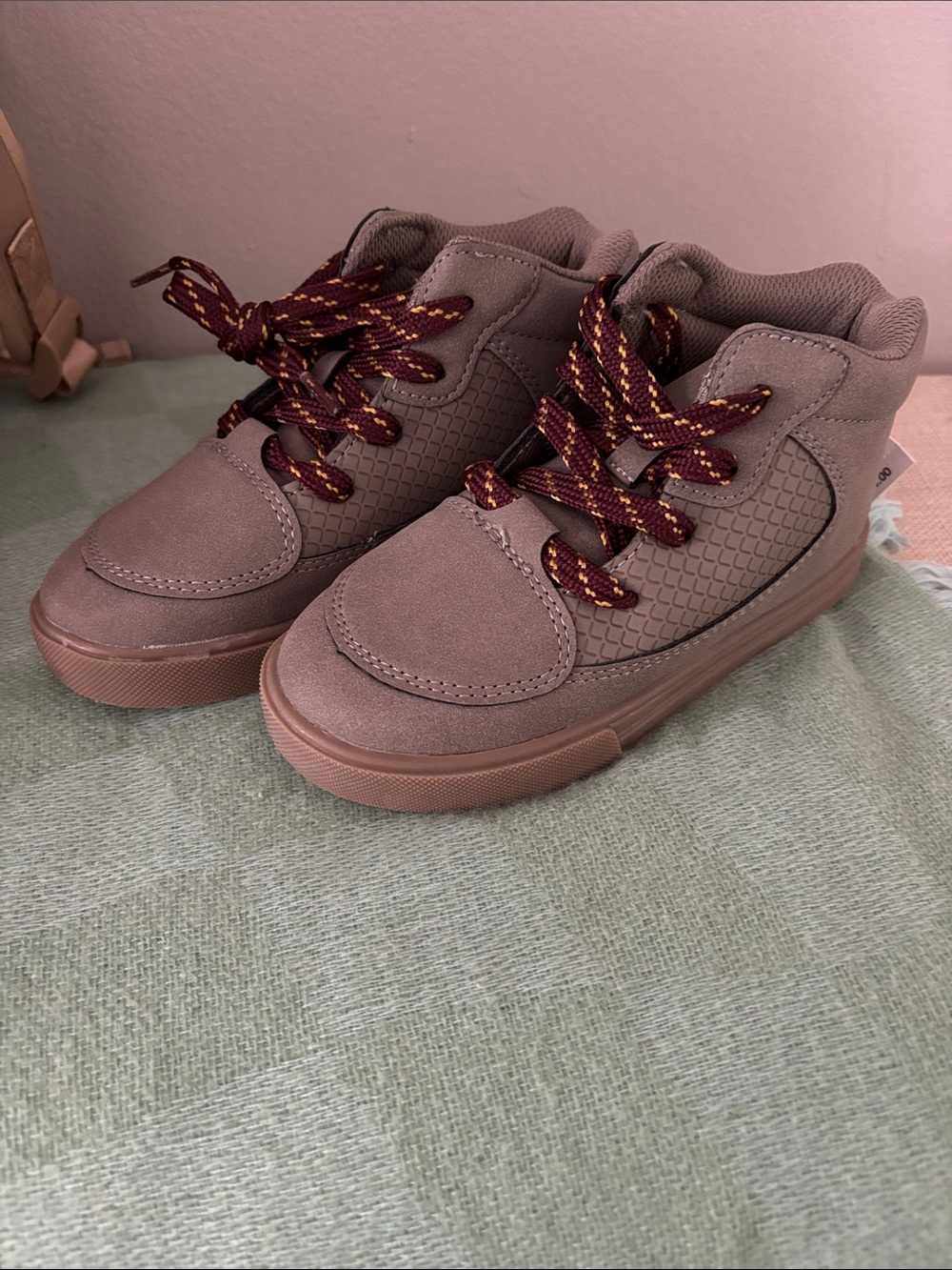 OshKosh B'gosh Taupe Kids High-Top Boots with Burgundy & Yellow Highlight Laces